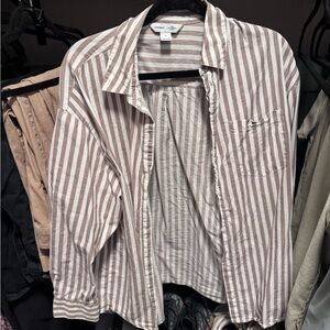 Old Navy Beige and White Striped Boyfriend Shirt